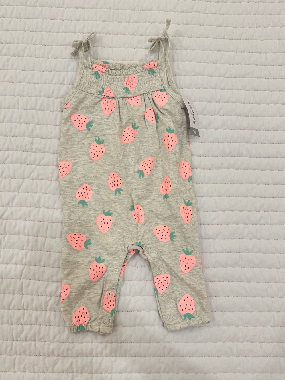 Baby Strawberry Print Knit Romper - Gray/Pink